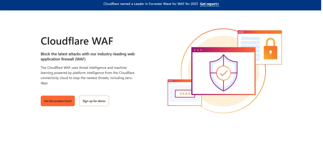 Cloudflare WAF graphic with shield icon, lock symbol, and security text.