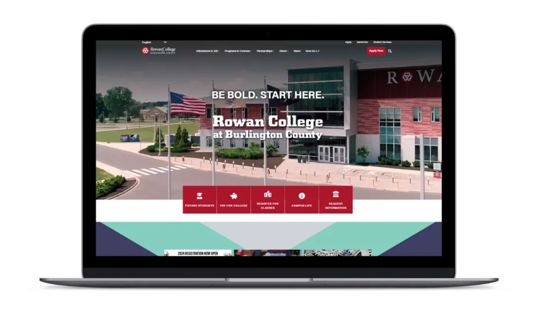 Rowan College at Burlington County homepage on laptop