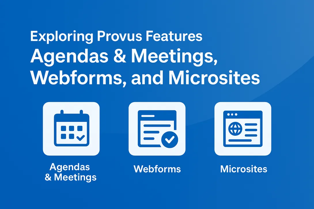 text that says exploring provus features agenda and meetings webform and microsites and then a calendar checkbox and site icons