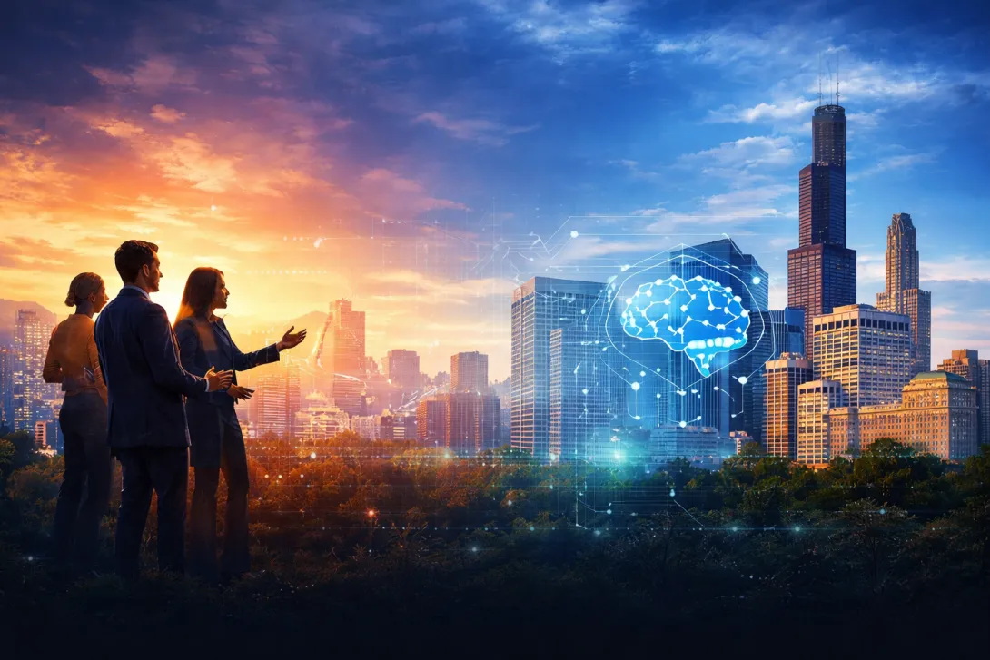 Silhouettes of people discussing tech in a cityscape at sunset, with digital brain overlay.