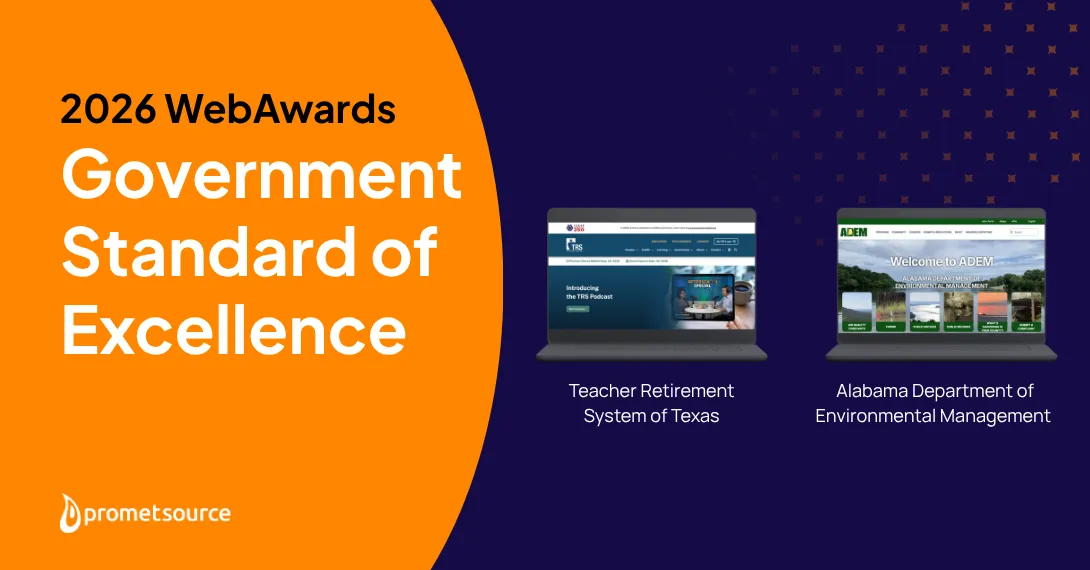 2026 WebAwards, Government Standard of Excellence, orange and blue design.