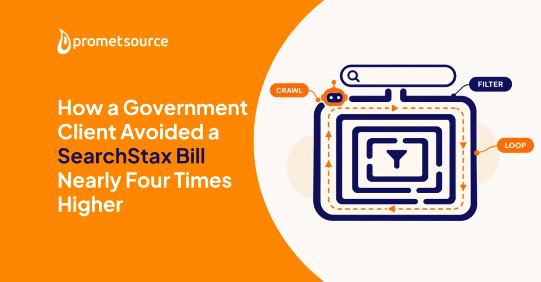 Orange and white graphic with text about reducing SearchStax bills.