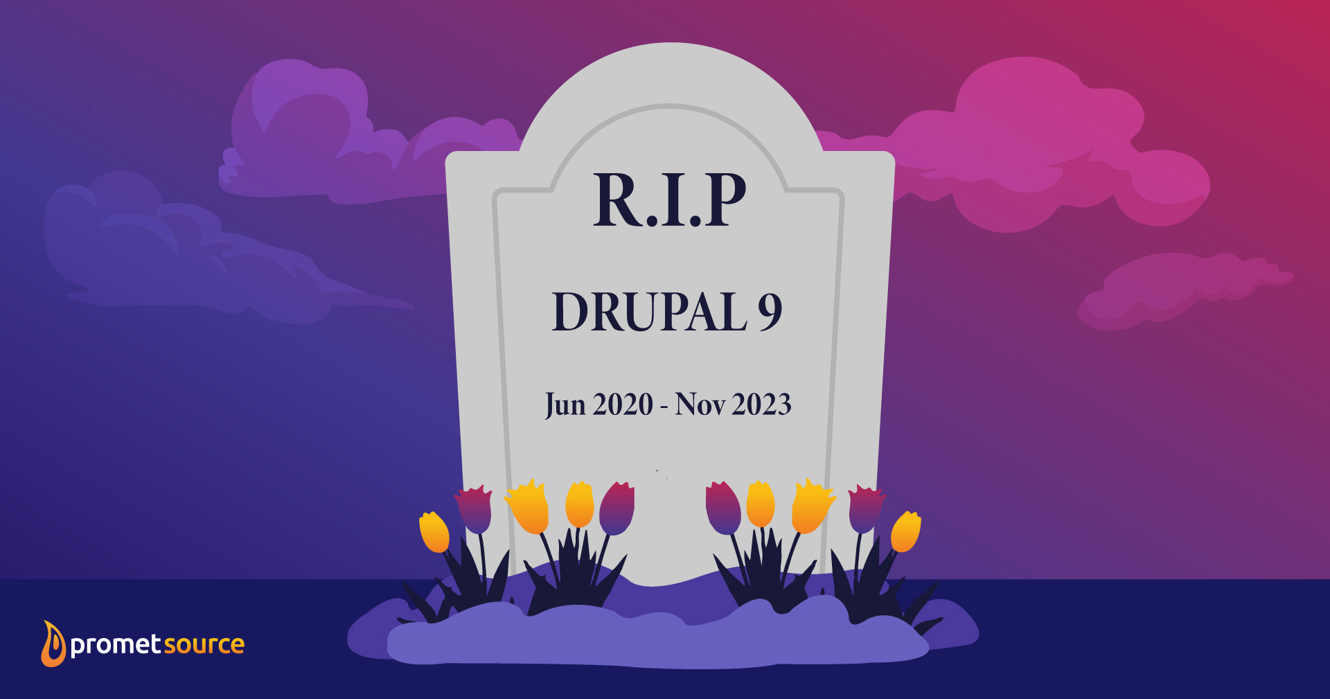 Drupal 9 on a headstone graphic