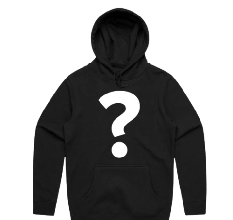 Black hood with question mark in middle